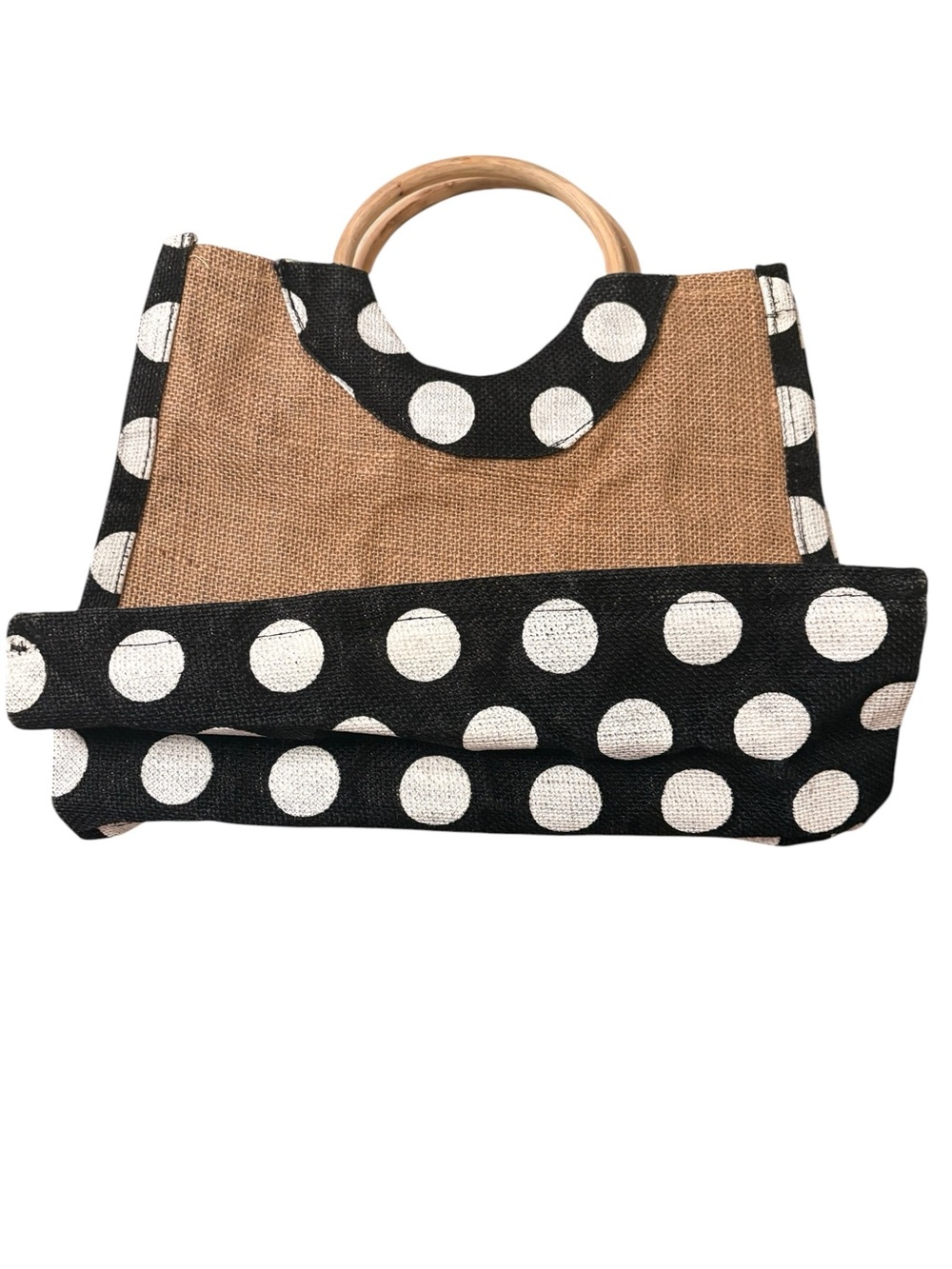 Polka Dot Jute Shoulder Bag with Wooden Handles - Black & Natural